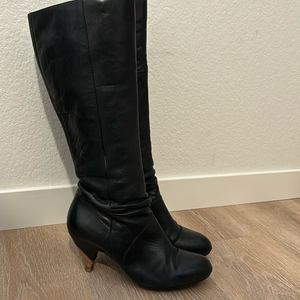 Miz Mooz knee high black leather boots with wood/leather heel